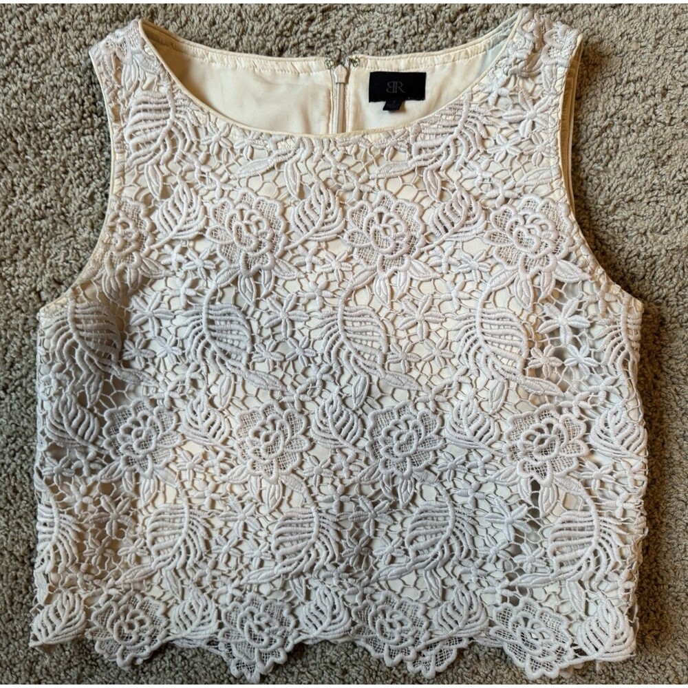 BR Beige Floral Lace Lined Zip Sleeveless Scoop Neck Crop Top Women's S